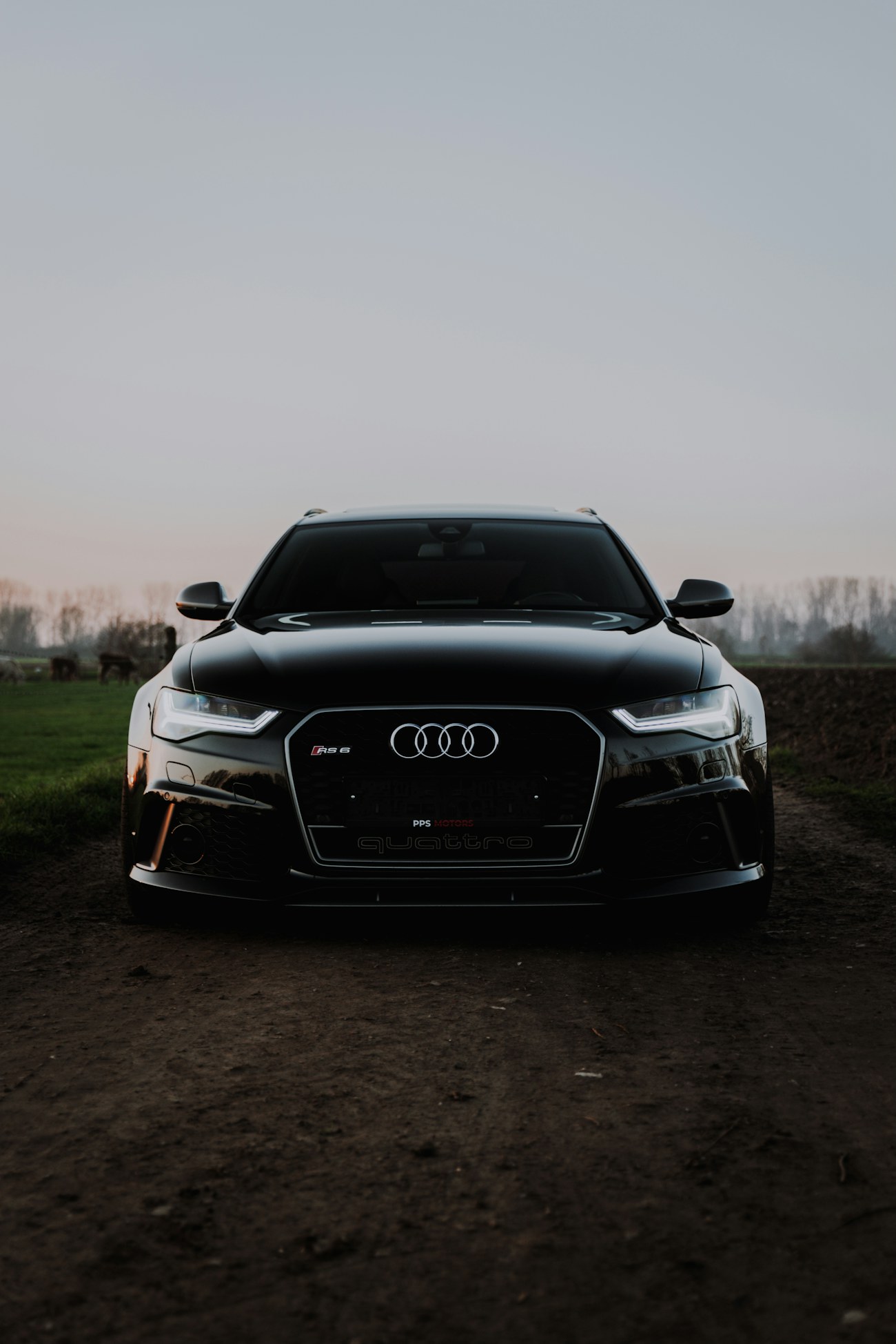 Чёрный Audi RS6 Avant анфас на закате в поле
